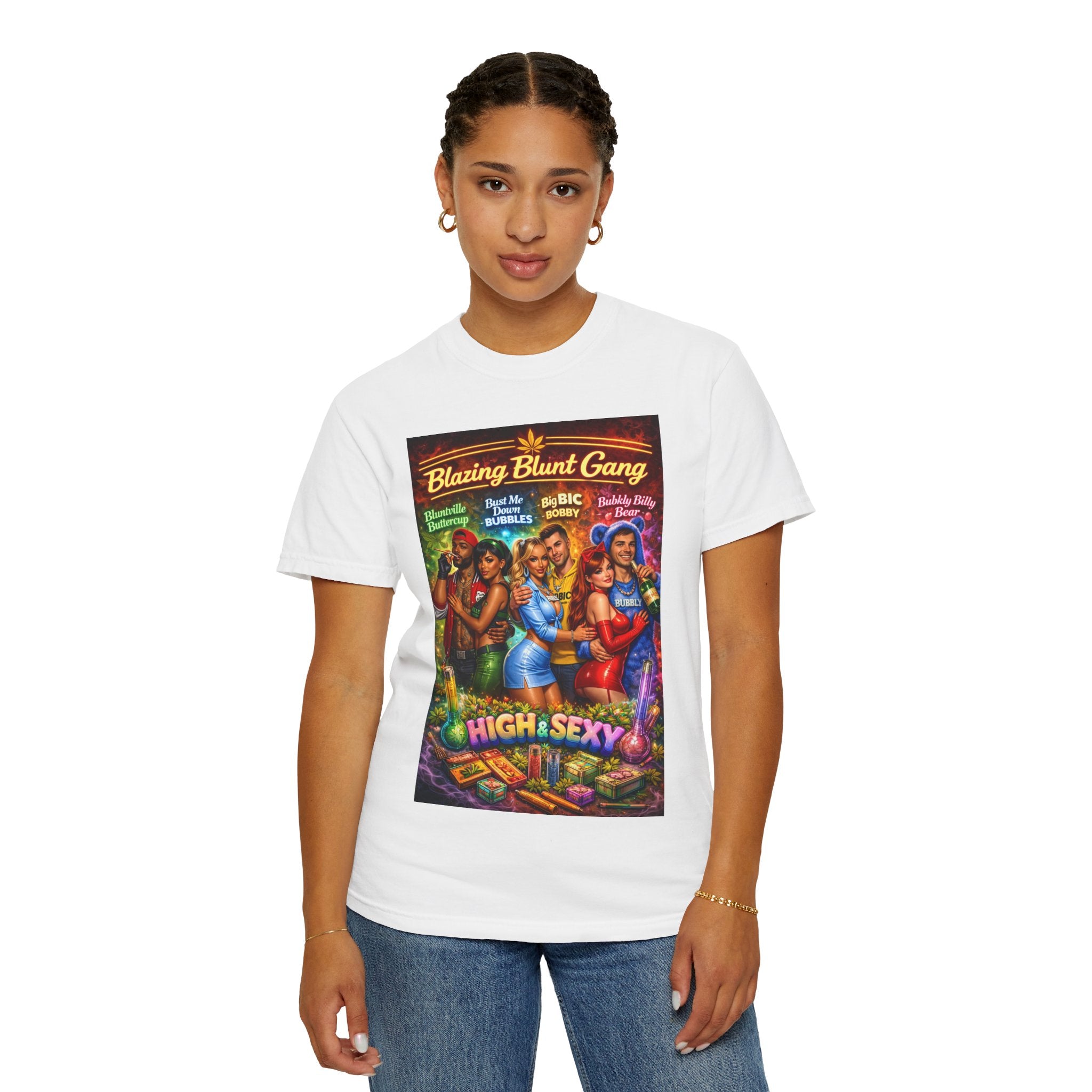 Blazing Blunt Gang Graphic T‑Shirt — “High & Sexy” Retro Smoking Art Tee